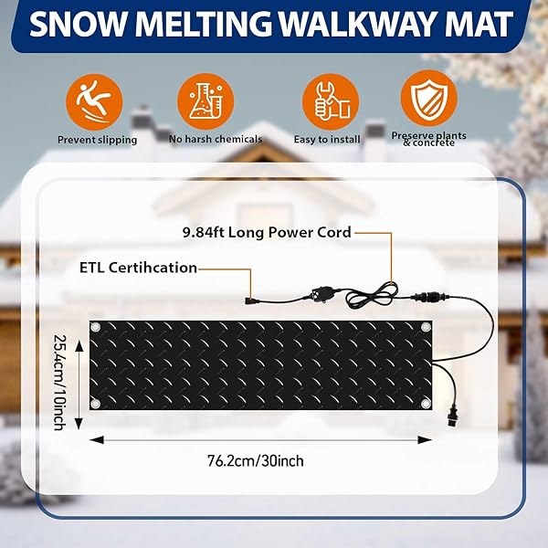 RIAKRUM 8 PCS HEATED SNOW MELTING MATS OUTDOOR, 10 X 30 IN WINTER ANTI-SLIP HEATED RUBBER MAT FOR WALKWAYS DECKS AND SIDEWALKS, ELECTRIC SNOW AND ICE MELTING PADS CONNECTION WITH 9.84 FT POWER CORD