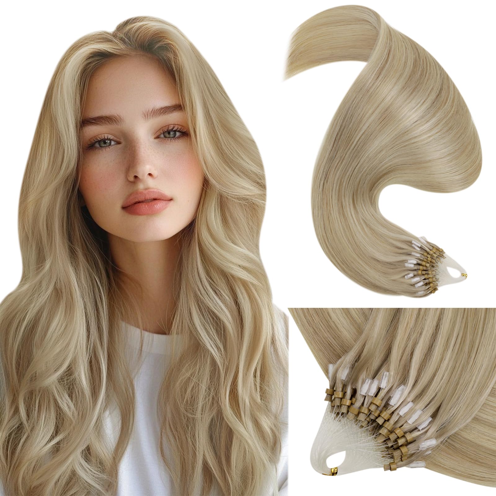 LaaVoo Human Hair Extensions Micro Ring 20 Inch Real Remy Straight Highlight Ash Blonde with Golden Blonde Invisible Micro Beads Hair Extensions 50g 50s #16/22 — image 1