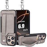 TOOVREN Phone Case for iPhone 16 Pro Max Case with Wallet Strap Lanyard Case fits Phone 16 Pro Max Wallet Case with Card Holder Stand Leather Cover Adjustable for Women & Men 6.9 Inch Gray