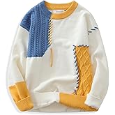GURUNVANI Patchwork Sweater Mens Colorblock Jumper Cable Knitted Pullover Oversized