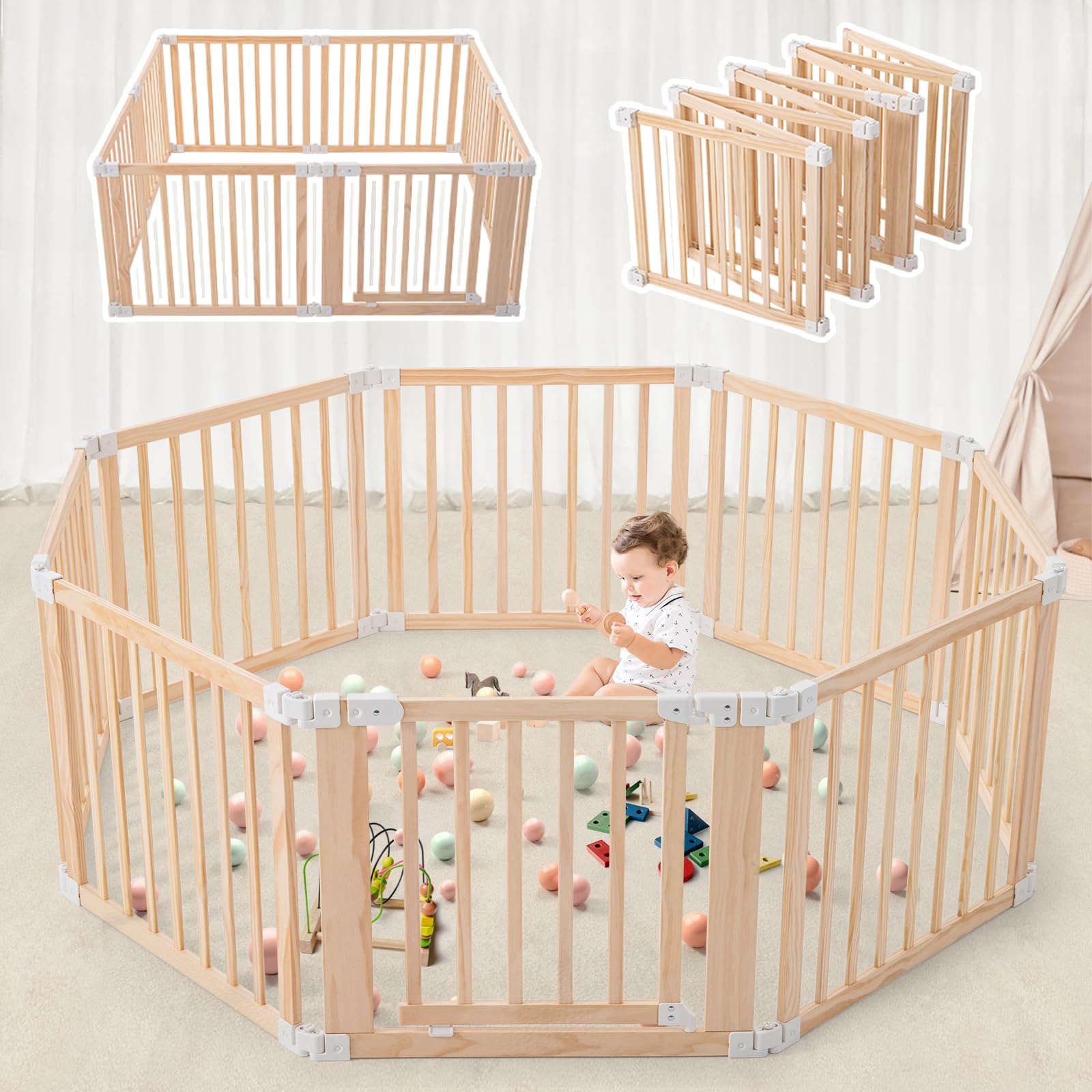 Photo 1 of Foldable Wooden Playpen,Large Baby Gate Playpen with Child-Proof Lock-Easy Assembly, Portable Design for Babies & Toddlers- Shape& Size Adjustable Baby Fence Play Area (Wood, 8 Panel)-61"x61"x25"