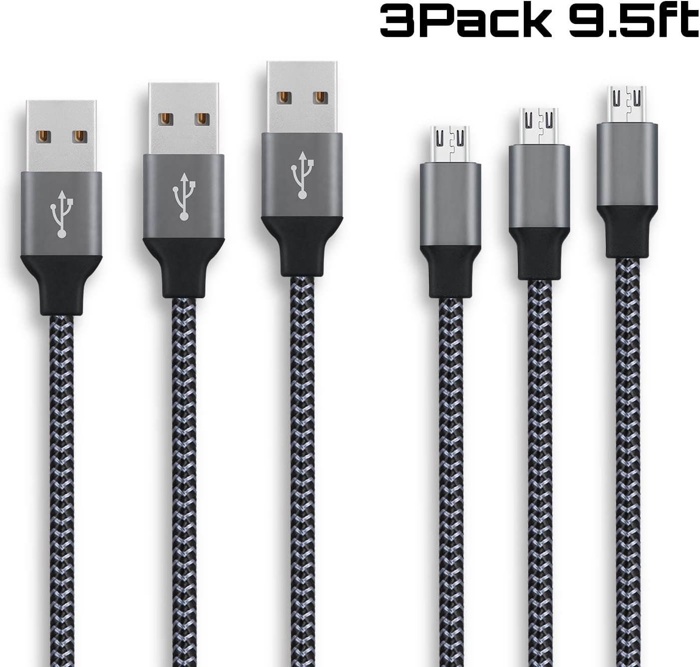 Micro USB Cable, Goodsail 3Pack 10FT USB to Micro USB Android Charger Cord, High Speed Charging Cable for Samsung, HTC, Motorola, Blackberry, Tablets and More(Carbon Black)