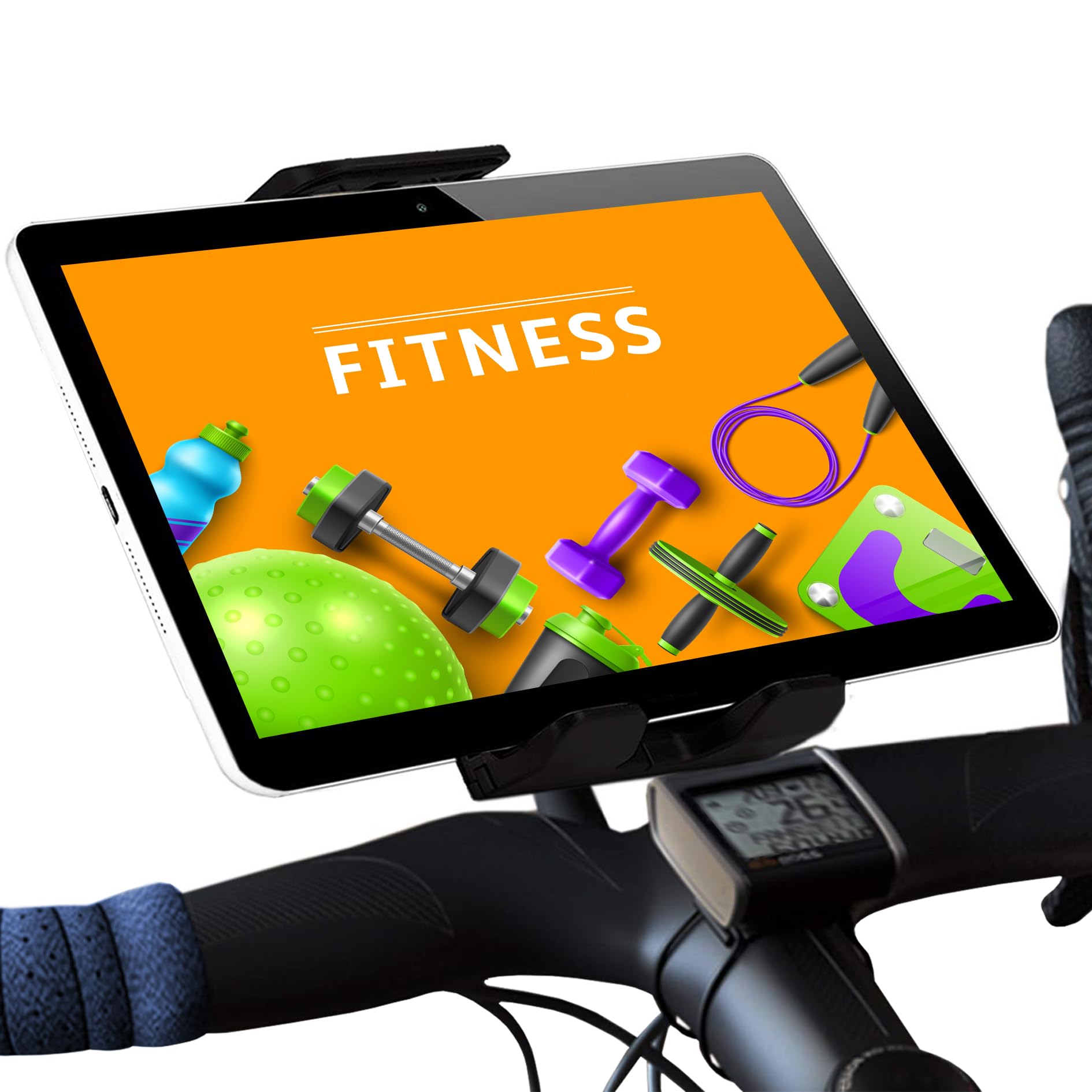 Turnaroundtech Universal Tablet Mount for Bicycle, Spinning Bike, Treadmill - Compatible with Tablet (up to 12 inches) & Universal Handlebar - Black