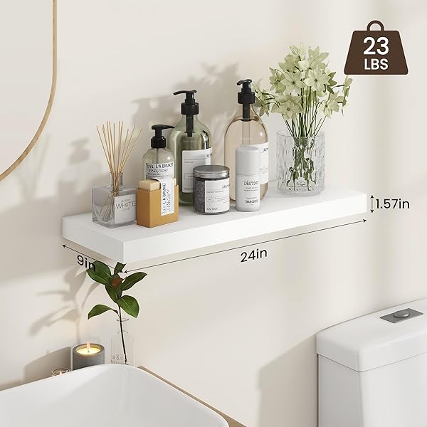 HEIMLOVE 24 INCH FLOATING SHELVES FOR WALL,9.3 INCH DEEP WHITE WOOD SHELVES WITH INVISIBLE BRACKETS,WALL MOUNTED STORAGE & DISPLAY SHELVES FOR BEDROOM,LIVING ROOM,SET OF 2