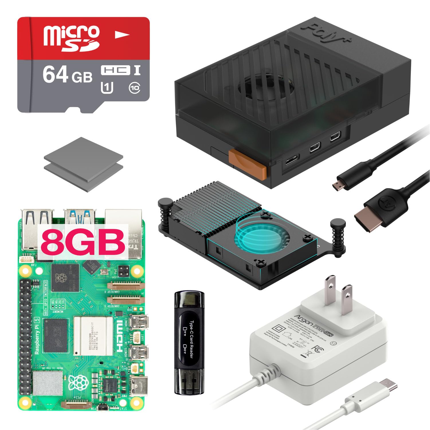 Photo 1 of Argon Poly+5 Raspberry Pi 5 Starter Kit | Raspberry Pi 5 Kit/Pi 5 Board/Pi 5 Case / 27W Pi 5 Power Supply/Pi 5 Active Cooler / 64GB SD Card / 2 Micro HDMI Cable (Black, 8GB)