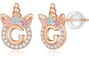 POSHJEW Unicorn Earrings Gifts for Girls - 925 Sterling Silver Stud Earrings Hypoallergenic Initial Unicorn Earring for Girls Kids Jewelry CZ Birthday Gifts