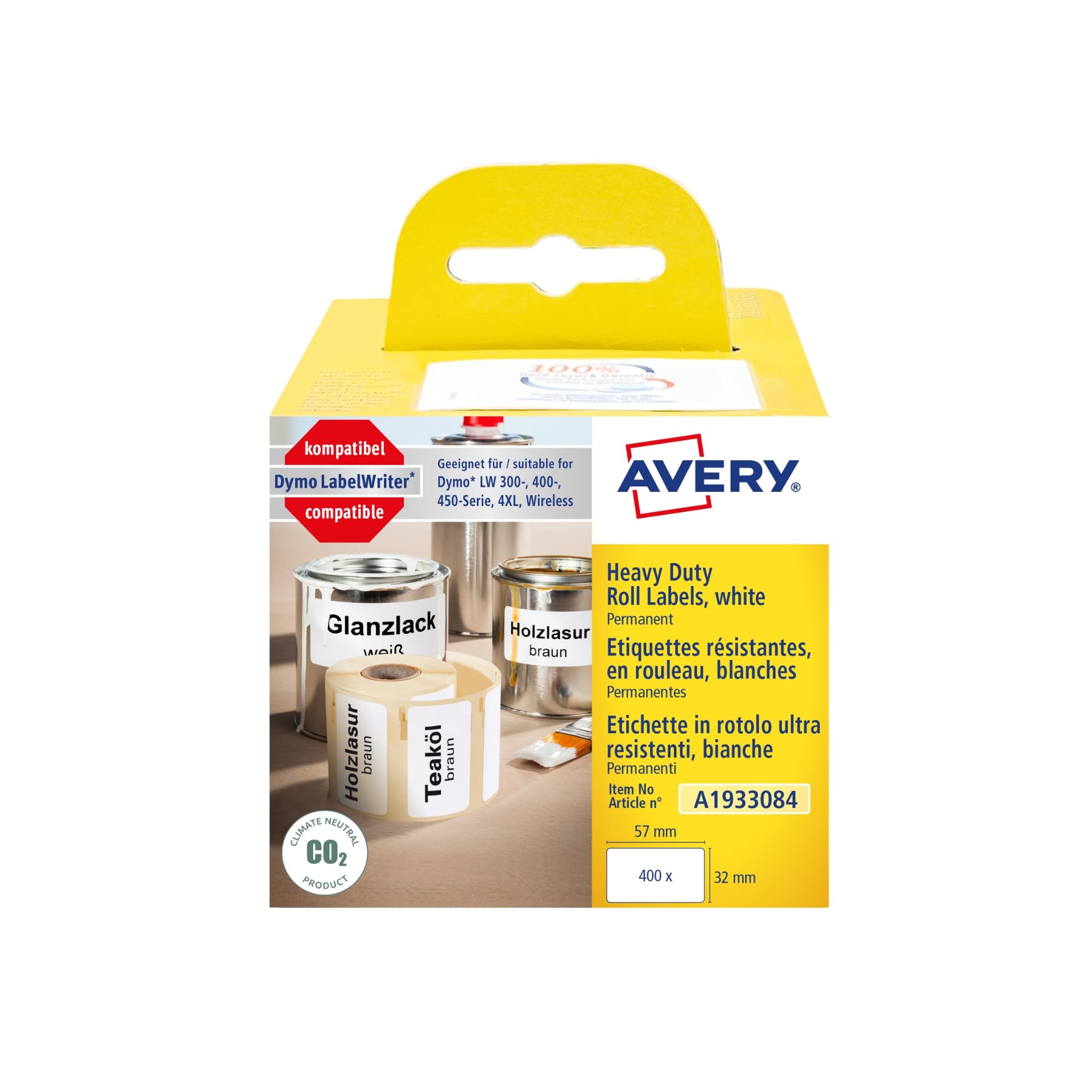 Avery A1933084 Dymo LabelWriter Weatherproof Labels Compatible with 1933084 (57 x 32 mm, 1 Roll, 400 Plastic Stickers, Printable, Customisable, for LW Dymo Label Printer, Labelling Device)