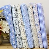 7Pcs Square Shape, Flower, Striped, Polka Dot Cotton Fabric Fabric for Sewing, 25x25cm Cotton Fabric Flower Polka Dot Bundle DIY Patchwork Quilt Cloth,Craft and Hobby Fabric (Blue)