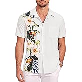 COOFANDY Mens Hawaiian Tropical Shirts Short Sleeve Button Down Summer Beach Shirt with Pocket White - Floral