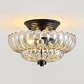 Vintage Glass Ceiling Light Fixture: Amber Scalloped Flower Semi Flush Mount Ceiling Light - Modern Black Bedroom Lights Fixt