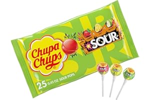 Chupa Chups SOUR Lollipops, Variety Pack, Lemon, Strawbery & Apple Flavored, Individually Wrapped Bulk Sour Candy Suckers for Adults & Kids, Bag of 25