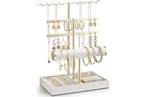 Vlando 3 Tier Jewelry Stand Organizer with Tary, Leather Jewelry Holder Display for Women, Gold Jewlery Holder Display for Necklace, Earring, Bracelet, Rings - White