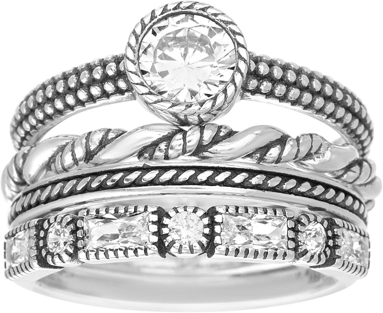 Willowbird Oxidized Sterling Silver Multi-Pack Cubic Zirconia Stackable Eternity Ring for Women Set
