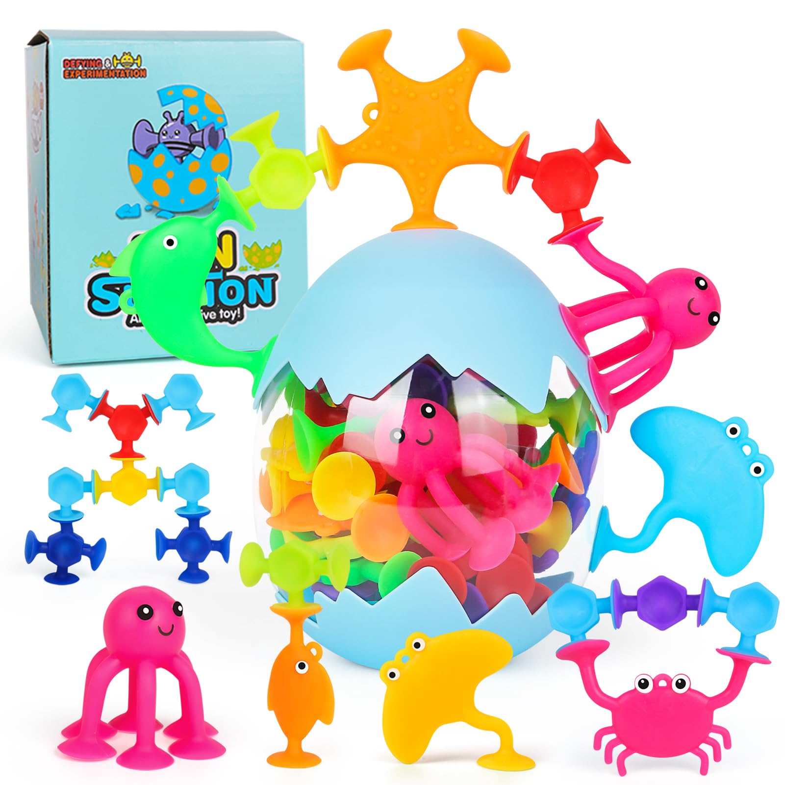 Kid Suction Toys for 3 Year Olds, 50 Pcs Sensory Sucker Toy with Storage Eggshell, Toddler Travel Window Stress Release Game, Children Gifts for Boys Girls Age 4-8, Birthday Christmas Easter — image 1