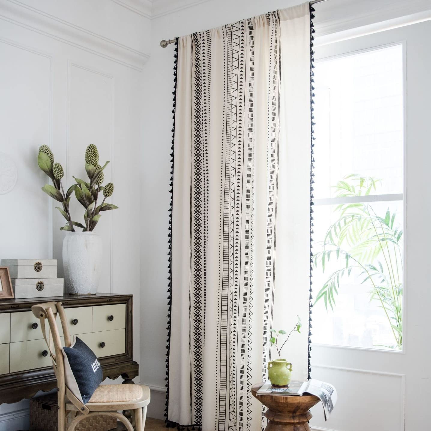 USTIDE Black and White Geometric Curtains Farmhouse Room Darkening Curtain Rod Pocket Curtain with Tassels for Living Room,Bedroom,Kitchen,Balcony,59W×71L(150×180cm)