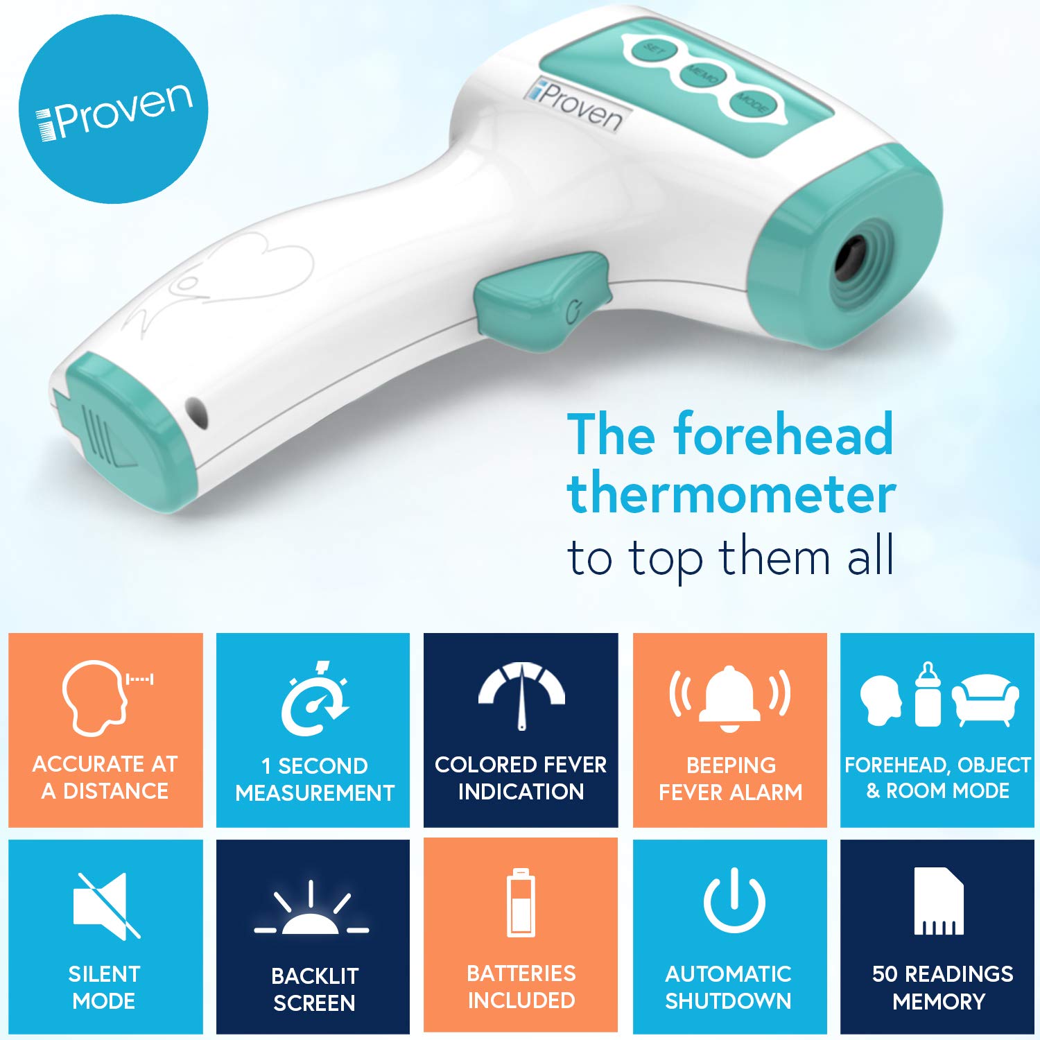 iProven No Touch Thermometer for Adults, Kids and Babies, Touchless Thermometer, 1s Instant Accurate Readings, Forehead Infrared Thermometer with Fever Alarm, Indoor, and Outdoor Use (Green): Industrial & Scientific