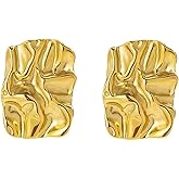 Geometric Rectangle Simple Gold Stud Earrings for Women,Irregular Hammered Chunky Statement Square Earrings