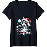 Womens Christmas Sugar Skull Art Woman Santa Hat Festive Design V-Neck T-Shirt
