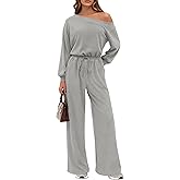 PRETTYGARDEN Long Sleeve Jumpsuit For Women Dressy 2026 Off Shoulder One Piece Loose Wide Leg Jumpsuits Casual Flowy Romper