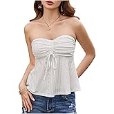 GORGLITTER Women's Babydoll Tube Top Cute Eyelet Embroidery Strapless Ruched Peplum Bandeau Dressy Going Out Top
