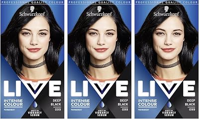 LIVE Intense Colour Deep Black 099 Hair Dye Pack of 3 with Vibrancy Serum