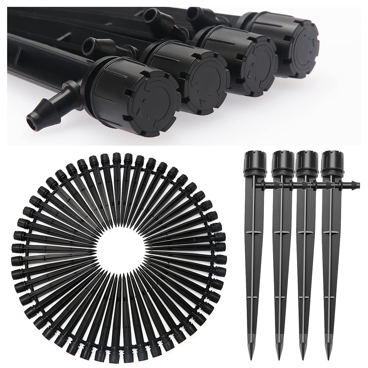 50 PCS 360 Degree Adjustable Irrigation Dripper Sprinkler, VooGenzek Micro 8-Hole Stake Emitter Dripper with Barbed Connector for 4/7 mm Garden Hose Irrigation System, Water Flow Stake Emitter, Black