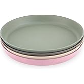 WeeSprout Bamboo Plates, Set of 4, Kid-Sized Dinnerware, Dishwasher Safe Melamine Dishware (Pink, Green, Gray, & Beige, Without Lids)
