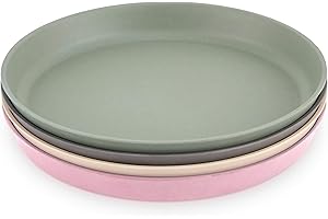 WeeSprout Bamboo Plates, Set of 4, Kid-Sized Dinnerware, Dishwasher Safe Melamine Dishware (Pink, Green, Gray, & Beige, Without Lids)