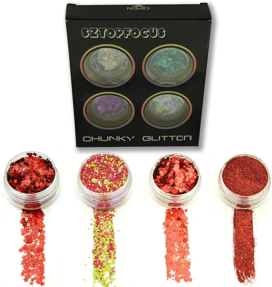 Body Glitter Face Makeup Eye Hair Cosmetic Chunky Holographic Red Glitter Powder Iridescent Tattoo Kit (4CGPD-01)