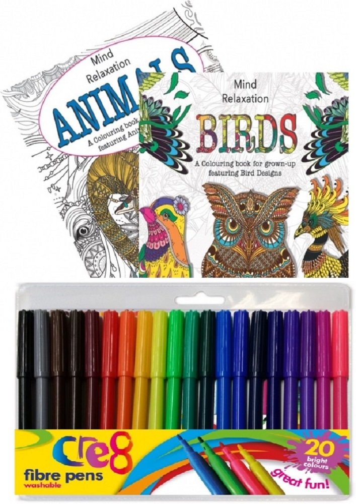 Martello Animals & Birds Colouring Set of 2 Books and 18 CR8 Fibre Tip Pens