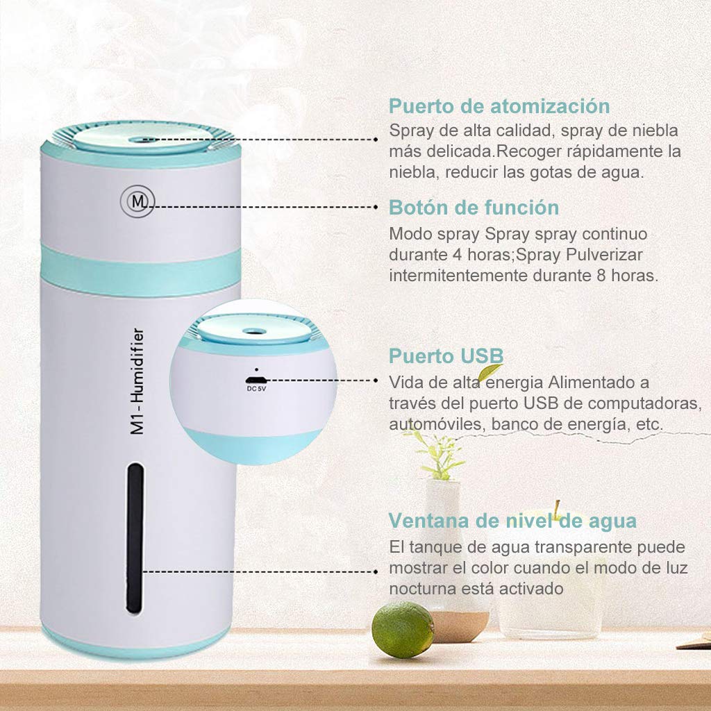 Humidificador de Vapor 240ml, Ultrasónico Mini Humidificador aire USB Vaporizador Mini automóvil humidificador portátil, apagado automático, con luz de led para el Dormitorio Oficina de Viaje