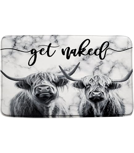 Tapis De Bain Rigolo Vache Des Highlands - Vert Sauge, Motif Fleurs Et Seau - Antidérapant Et Doux