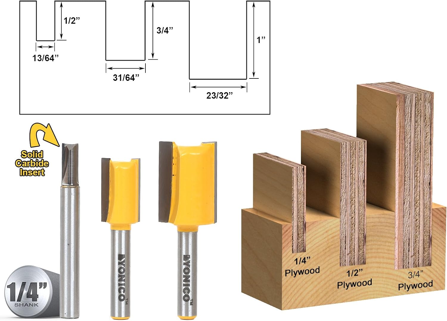 Yonico 14323q 3 Bit Undersize Plywood Dado Router Bit Set 1/4Inch