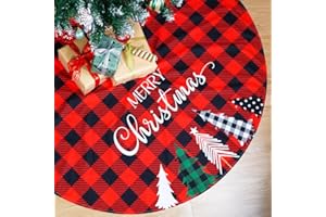 Multiwins Christmas Tree Skirt 48 Inch Red Rustic Xmas Tree Skirt with Christmas Tree, Black Red Buffalo Plaid Christmas Tree Skirt Ornaments for Merry Christmas Holiday Party Decorations Indoor