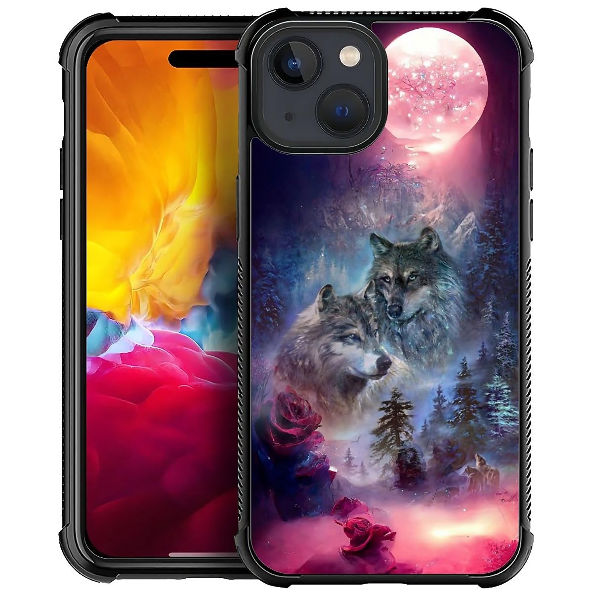 FKBRCL4U for iPhone 15 Case, Star Two Wolfs Howling Pattern Graphic Design Girl Boy Soft Silicone Hard Acrylic Shock Protection for iPhone 15