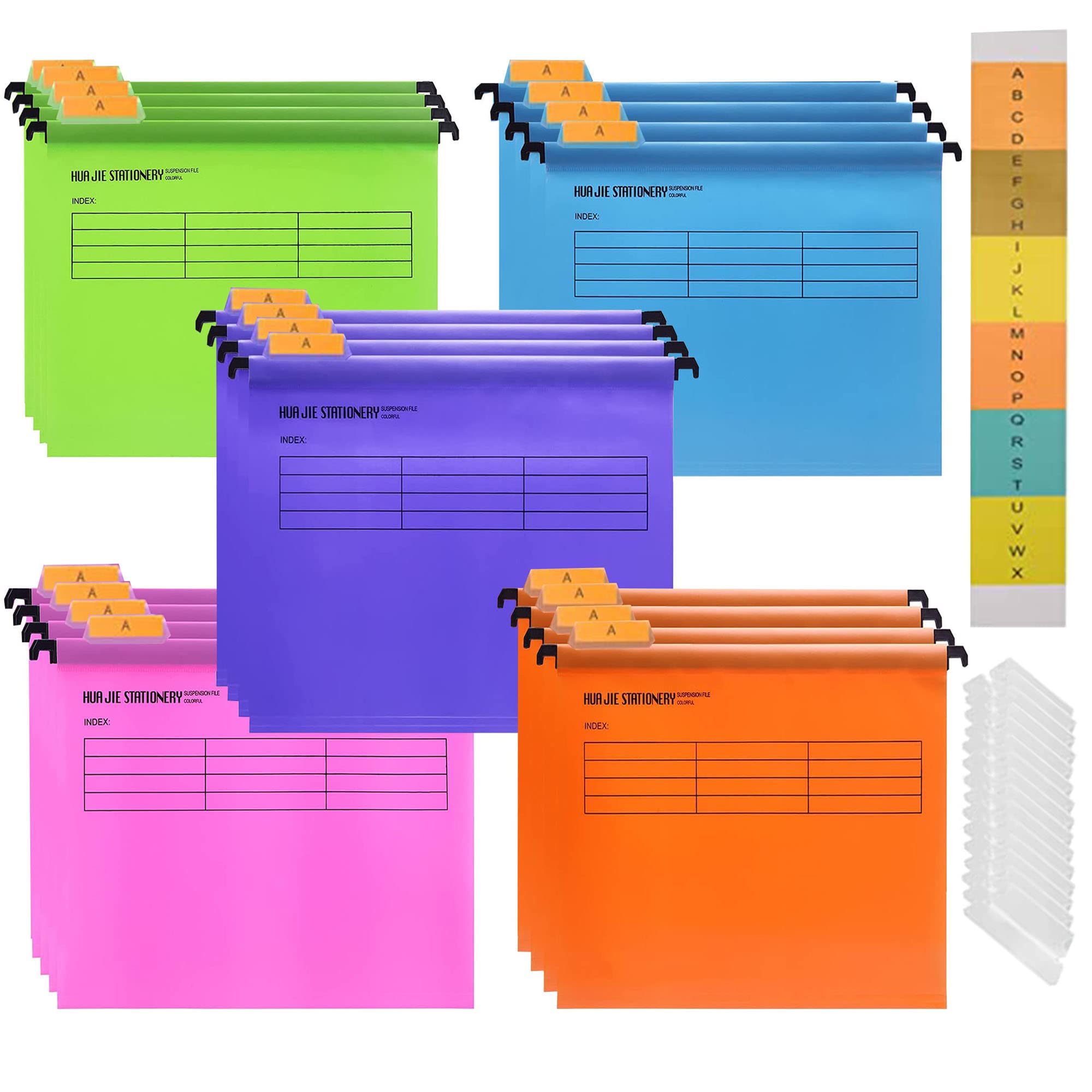 20PCS A4 Suspension Files, Polypropylene Filing Cabinet Suspension Files with Tabs and Card Inserts for Office Organization Home Work, Colour Labels Rainbow Document Box for Paper and File Storage