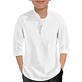 Sunborui Boys 3/4 Sleeve Linen Henley Shirts Summer Button Up Dress Shirts Casual Lightweight Tees Tops