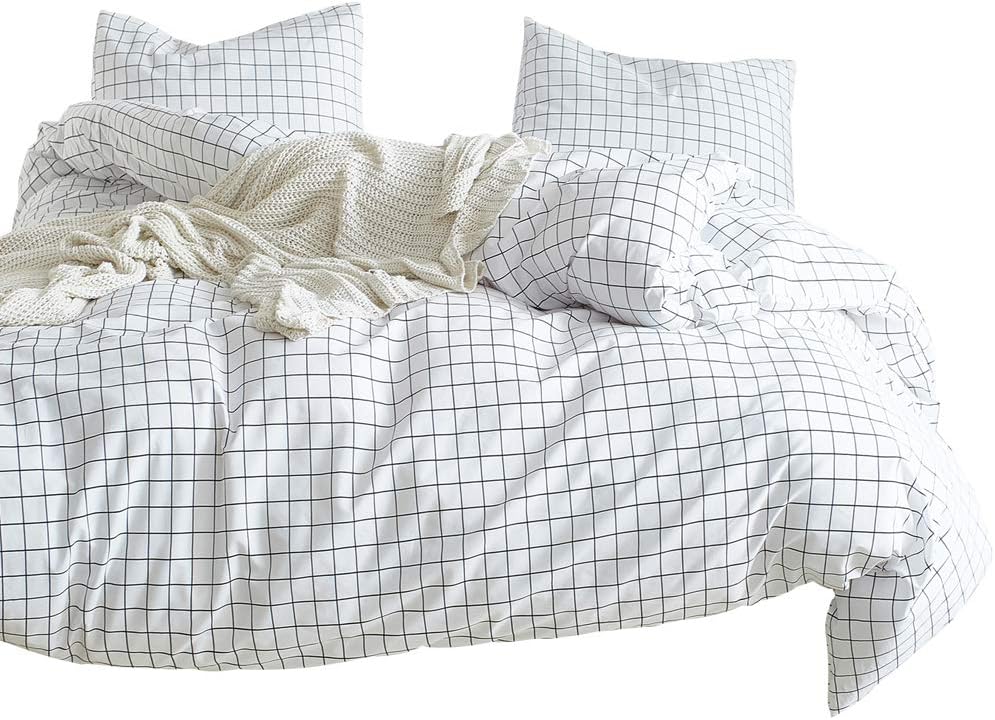 Luofanfei Black and White Grid Double Duvet Cover with Two Matching Pillowcases, 3 PCS Checkered Gingham Bedding Set Double Bed Set for Couples