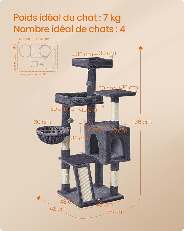 Arbre à Chat, Tour pour Chat, 3 Plateformes, 136 cm de Haut