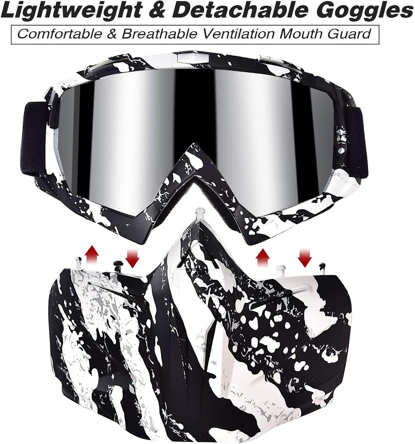 BOLLFO Motorcycle Goggle Mask, Protective Glasses with Detachable Mask for Cycling, Skiing, Paintball, Riding, Halloween Adjustable Windproof Outdoor Anti-Fog Face Mask (White & Black Frame): Sports & Outdoors