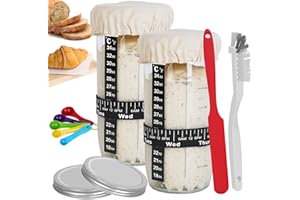 LACOCCINCT Sourdough Starter Jar 24oz, Sourdough Starter Kit with Date Marked Feeding Band, Thermometer, Fermentation Jar Scraper, Spoon Cloth Cover & Plastic Lid, Reusable Sourdough Bread Baking Supplies