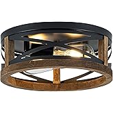 Lzglyptics Farmhouse Ceiling Light, 2-Light Round Flush Mount Ceiling Light with Wood and Metal Frame, Black Rustic Light Fix