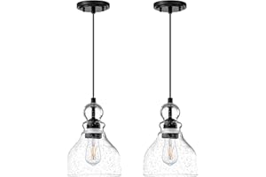 Dolaimi House 2 Pack 1 Light Pendant Ceiling Light Adjustable Cord Kitchen Island 6.5" Seeded Glass Black Finish Modern Industrial Farmhouse Lighting for Bedroom Sink