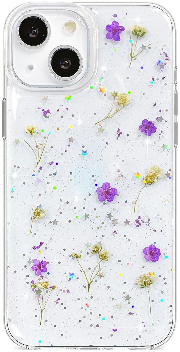Abbery for iPhone 13/14/15 Clear Case with Cute Purple Gypsophila Floral Design, Glitter Sparkle Soft TPU Real Dried Pressed Flower Aesthetic Shockproof Transparent Slim Protective Women Girls Cover