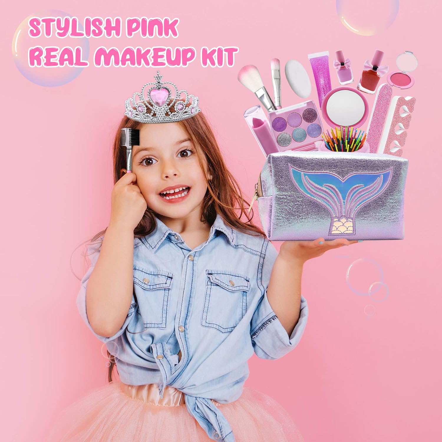 ADOGKUU 23Pcs Kids Makeup Kit for Girl, Washable Girls Makeup Set with Fashion Cosmetic Bag, Real Makeup Dress Up Beauty Set Girls Toy for Kids 6 7 8 9 10 11 12 Years Old, Play Makeup for Little Girls: Toys & Games