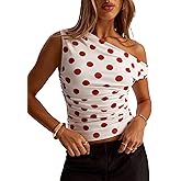 KIGRAD Women Y2k Vintage Polka Dot Asymmetrical Off Shoulder Ruched Crop Tank Tops Slim Fitted Sleeveless Cute Shirts