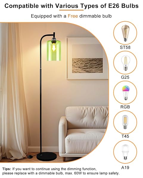 LIGHTDOT 64IN GLASS FLOOR LAMP FOR LIVING ROOM, MODERN STANDING LAMPS WITH GREEN RIBBED GLASS LAMPSHADE& BULB INCLUDED, INDUSTRIAL FLOOR LAMP FOR BEDROOM/SOFA BESIDE/CORNER DECOR-BLACK