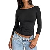 Prettywear Womens 3/4 Length Sleeve Tops Boat Neck Dressy Casual 2026 Spring Summer Shirt