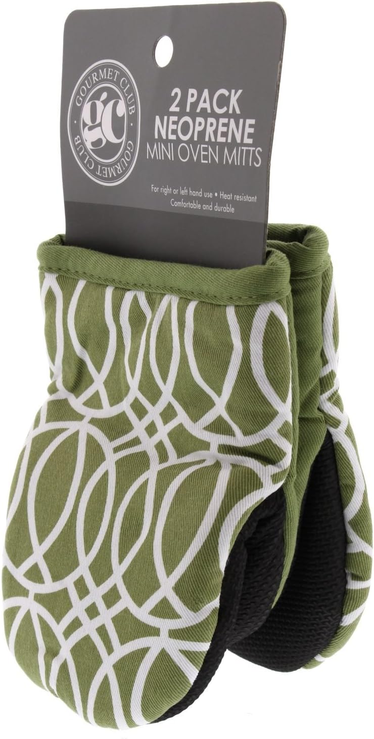 Gourmet Club Mini Oven Mitts w/Neoprene for Easy Gripping, Heat Resistant up to 500 degrees F, Ornament Sage - 2pk