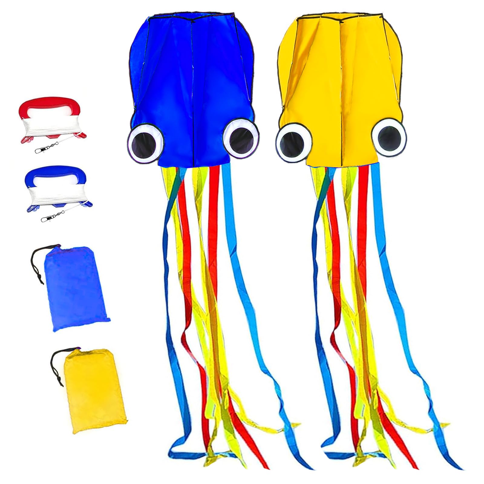 Flying Hoofer Large Octopus Kites(2packs) for Kids and Adults - Easy to Fly, 28X158 3D Software Colorful Kite with Long Tails. Perfect for Beach and Outdoor Activities.(Blue and Yellow)